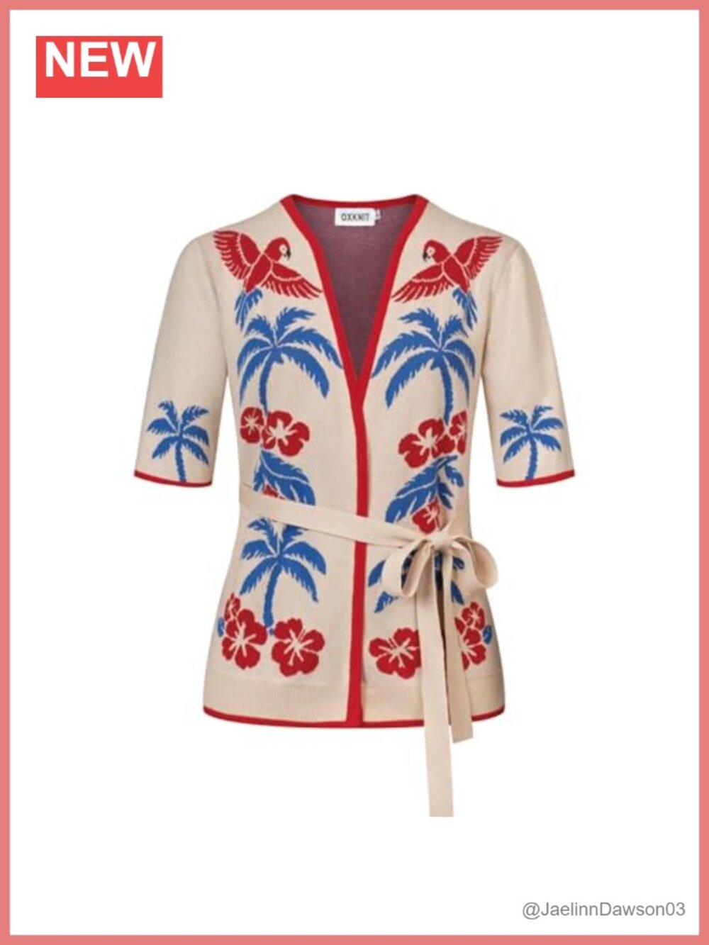 Retro Knit Jacquard Cardigan V-Neck Short Sleeve Ribbon-Waist Cotton
